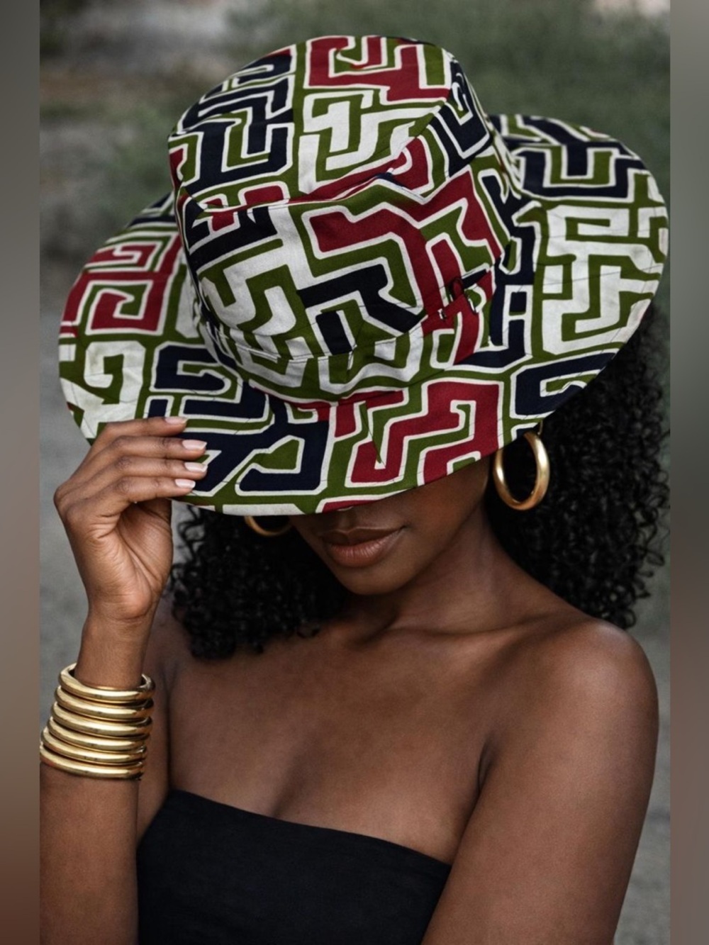 African Print Bucket Hat Wax Style Colorful by K-K Vogues - Olive, Black & Red